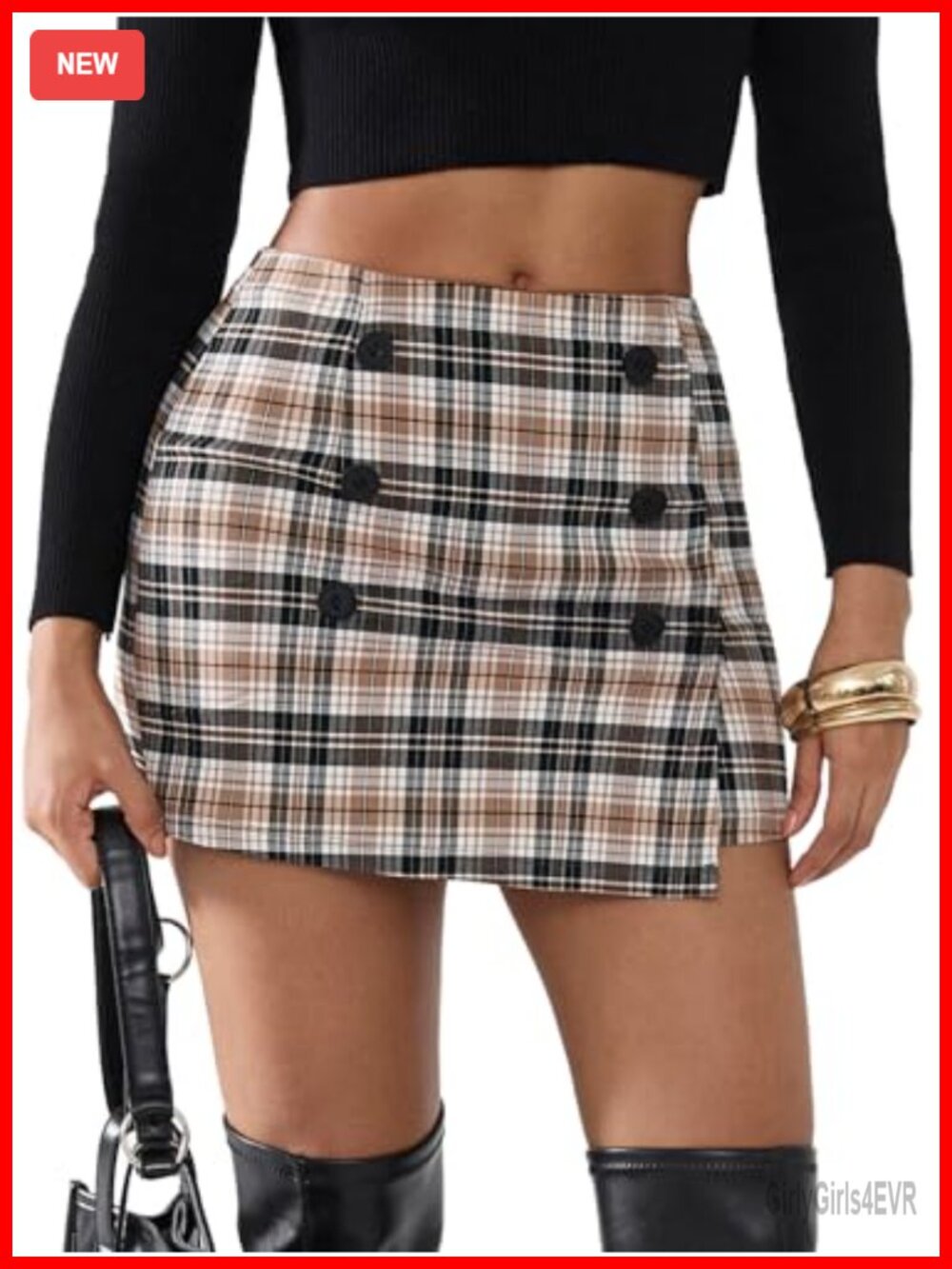 Plaid Bodycon Mini Skirt High Elastic Waist Tweed Double Row Button